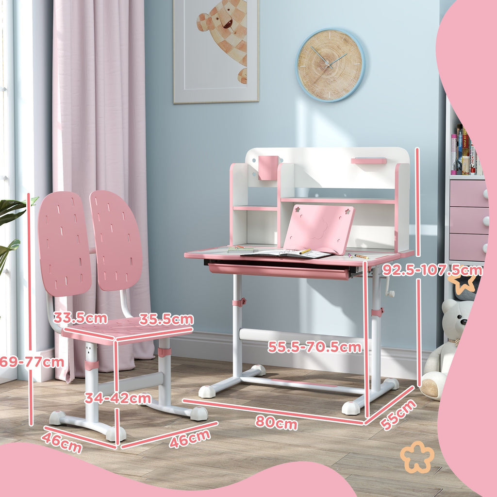 Pink height-adjustable kids desk and chair set with tiltable desktop and size markers