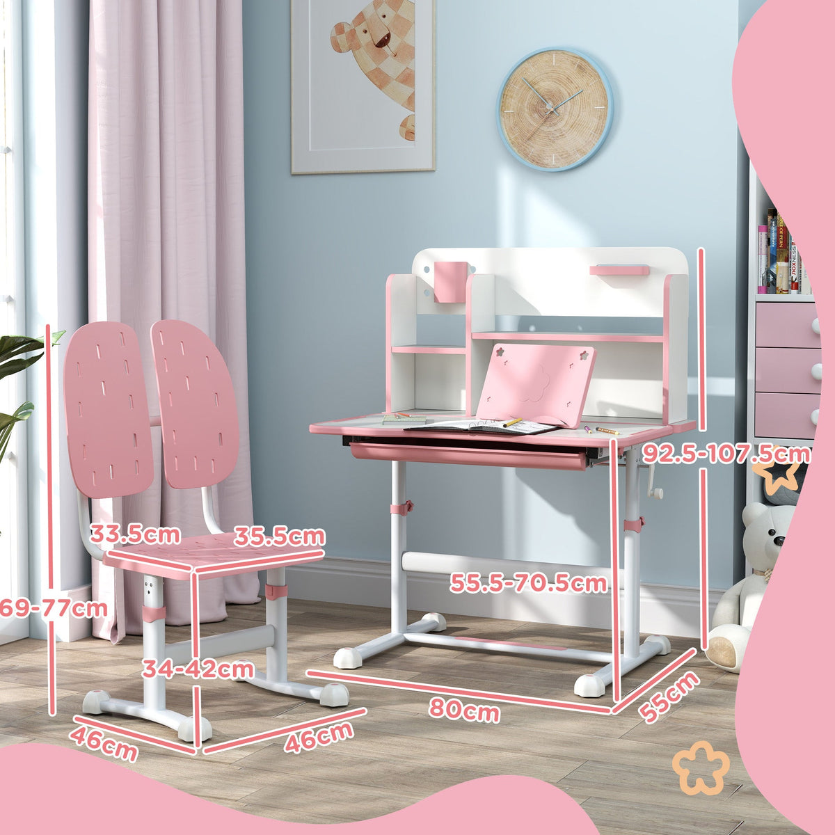 Pink height-adjustable kids desk and chair set with tiltable desktop and size markers