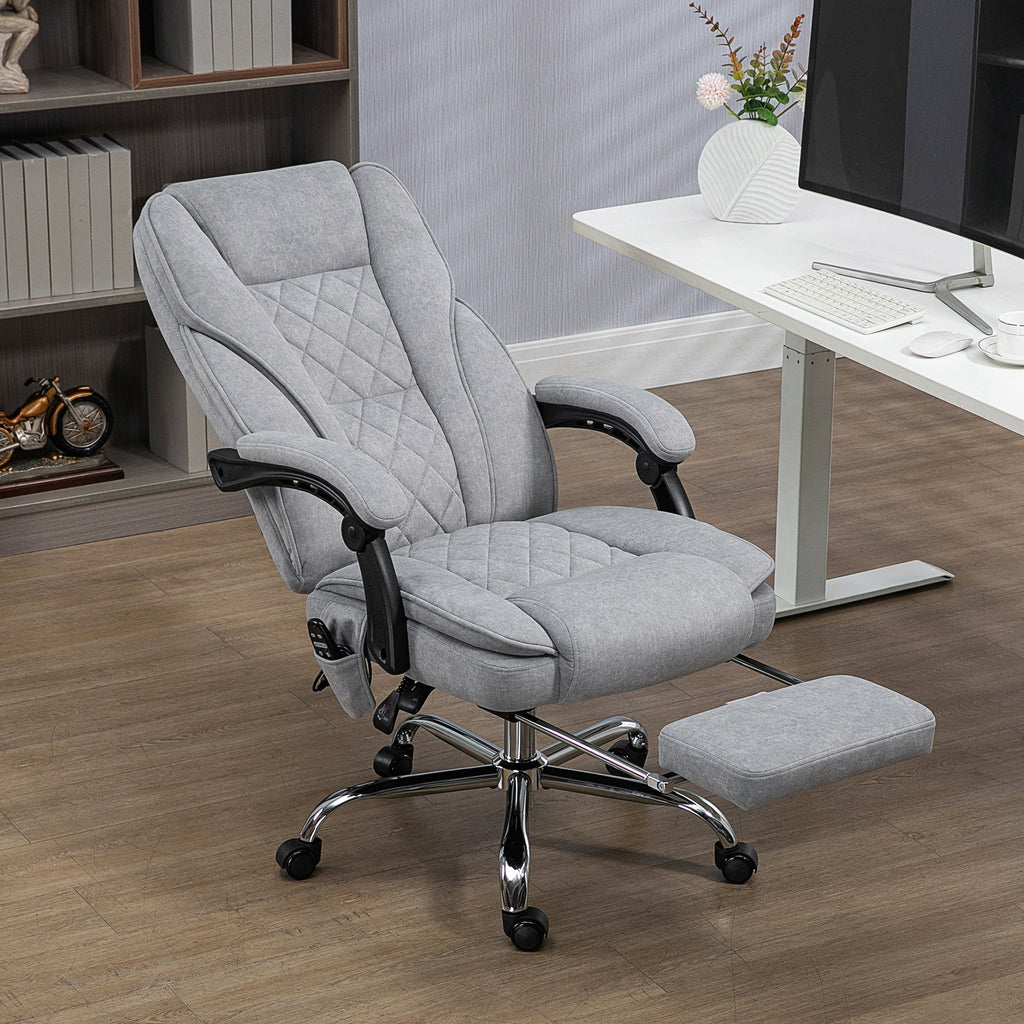 Grey upholstered reclining office chair with footrest and quilted back