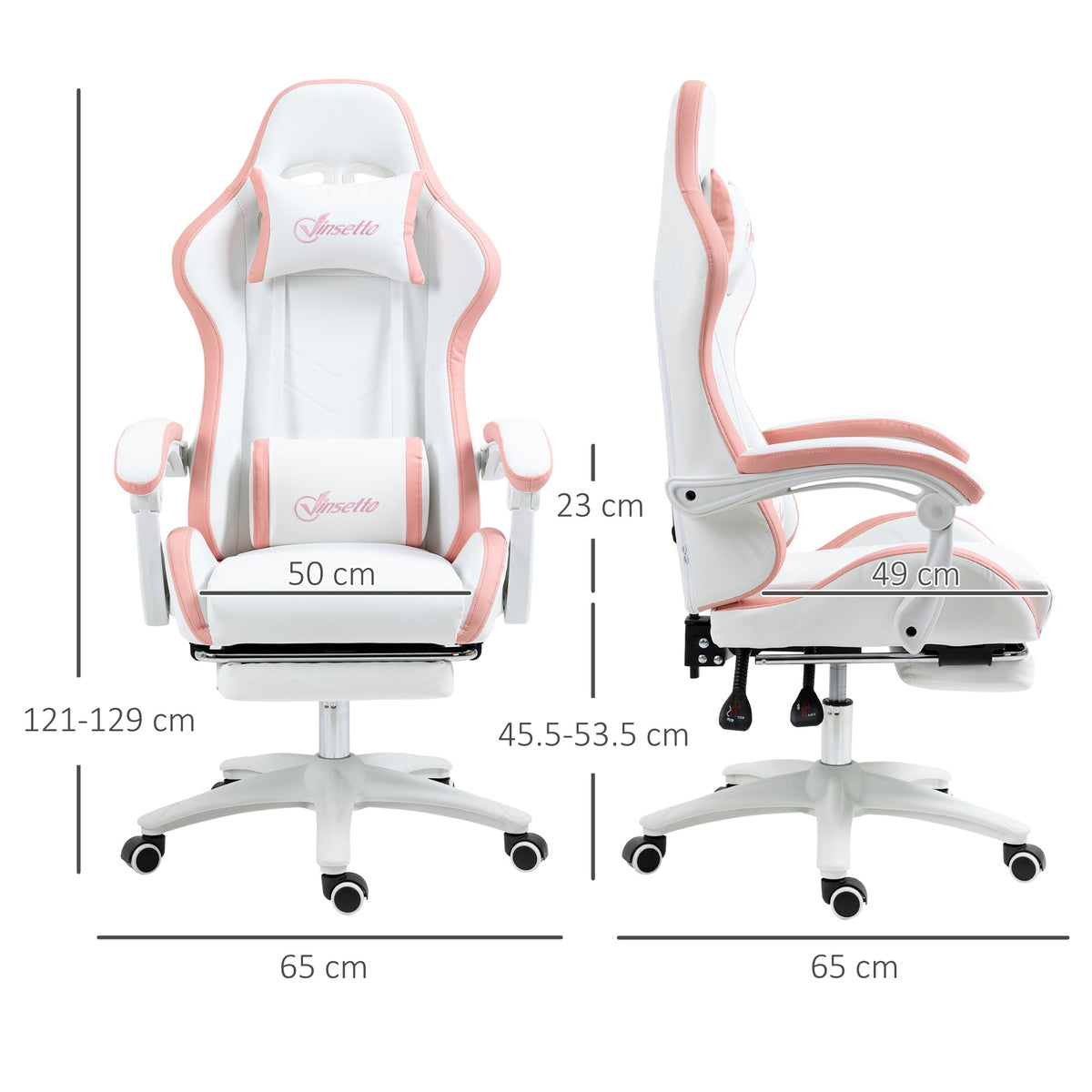 White and pink gaming chair, side view showing armrests and rounded high back