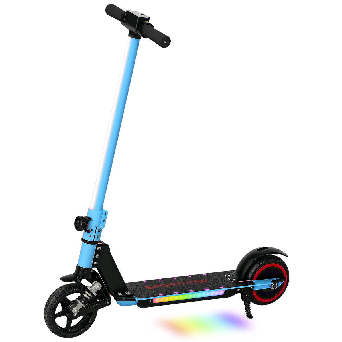 Folding electric scooter with blue frame and black deck, side view