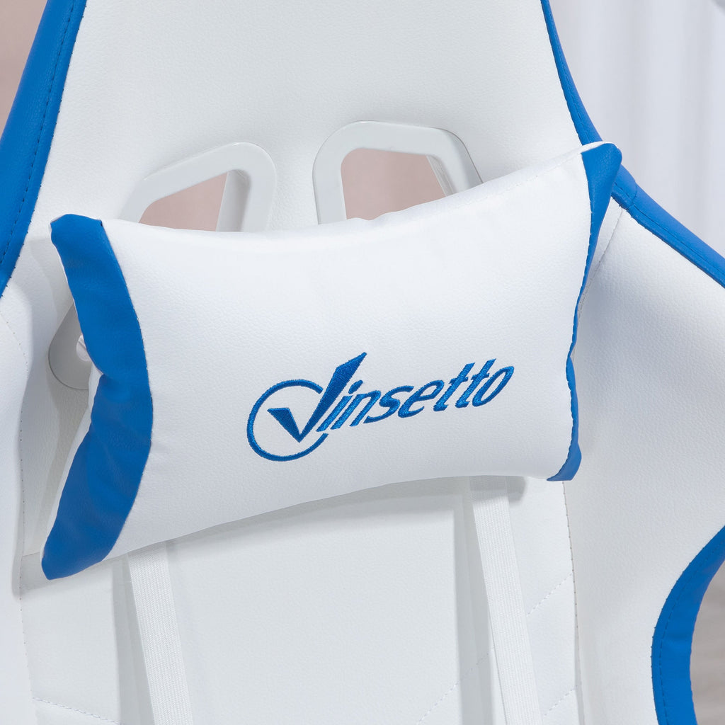 White headrest pillow with Vinsetto logo and blue side panels on a gaming chair