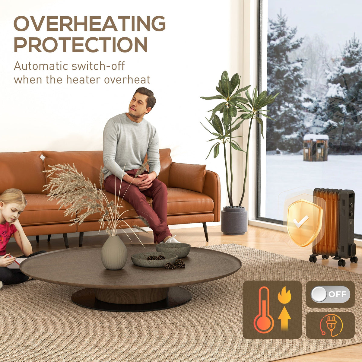 Grey oil-filled radiator electric heater on caster wheels with front control dials