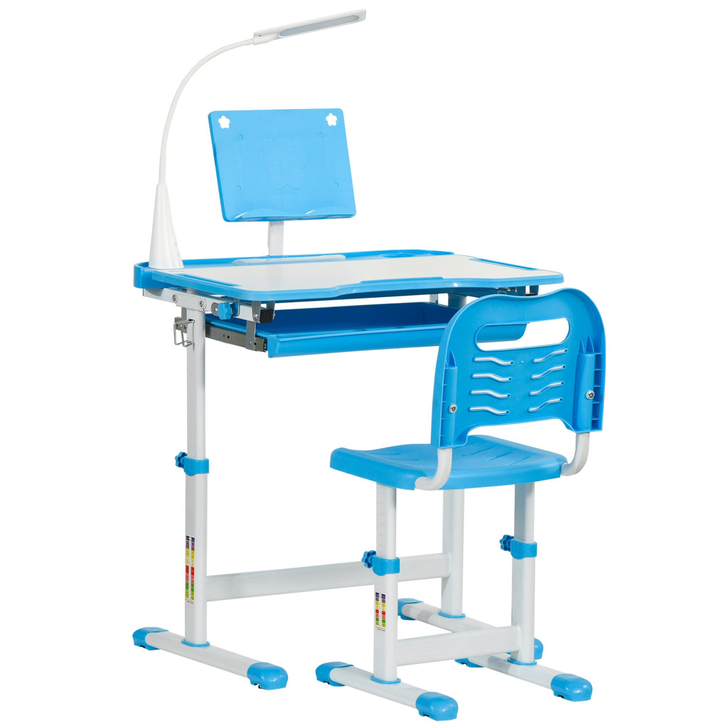 Kids study desk and chair set, blue tabletop and chair with adjustable height frame