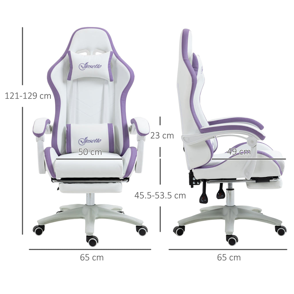 White and purple reclining gaming chair with armrests, footrest, and swivel base