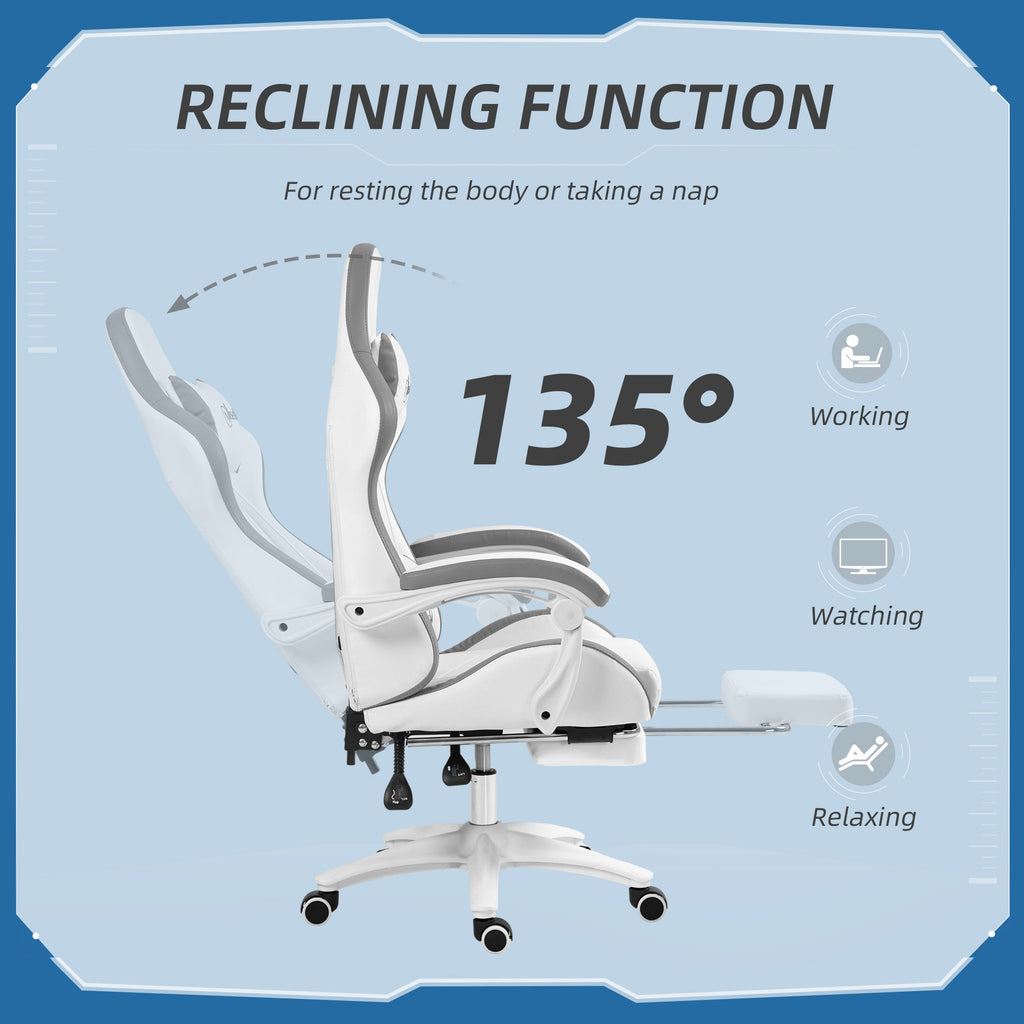 White and grey reclining gaming chair with footrest and contoured back padding