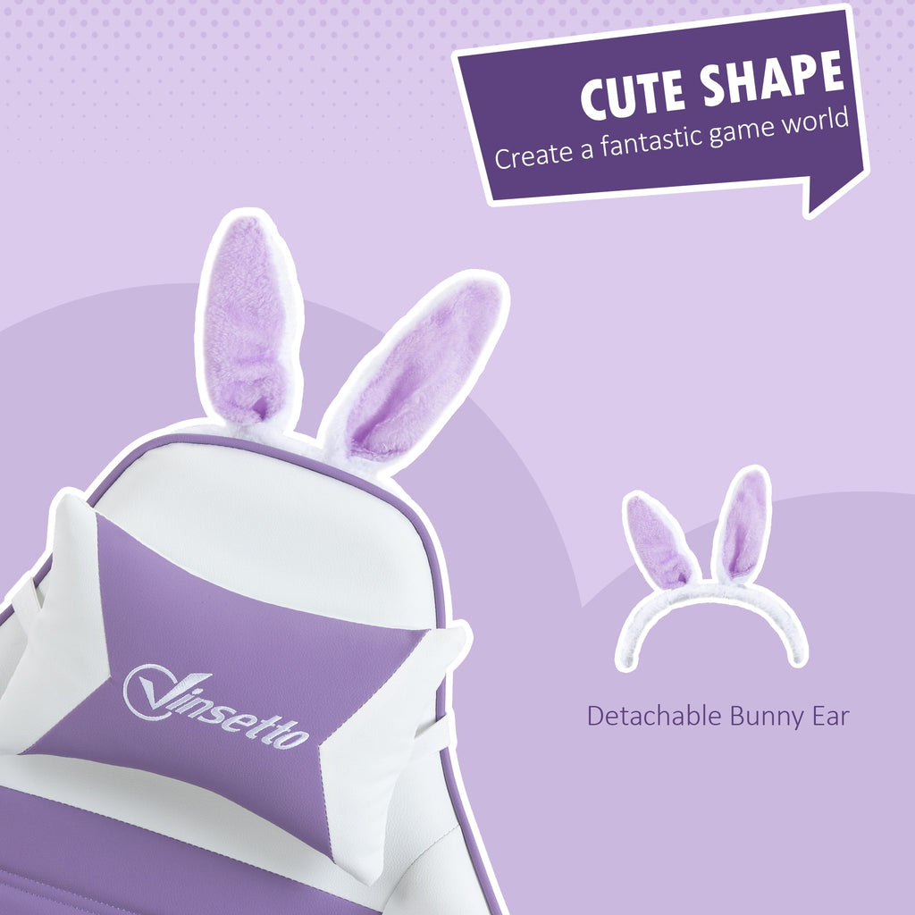 Purple and white chair with detachable bunny-ear headrest and curved padded backrest.