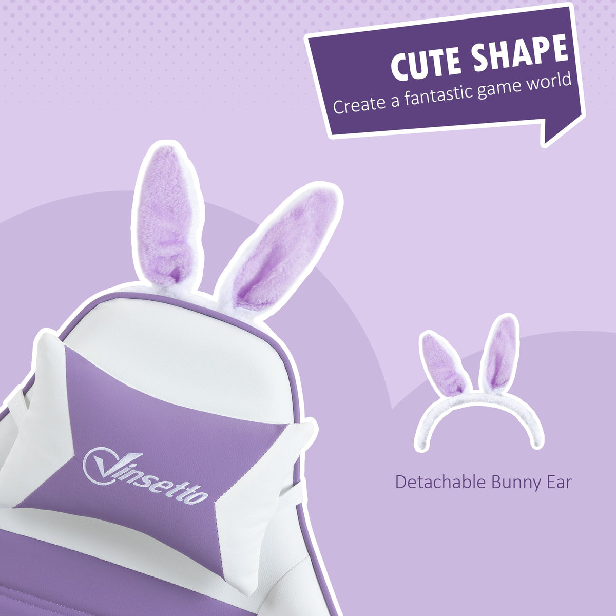 Purple and white chair with detachable bunny-ear headrest and curved padded backrest.