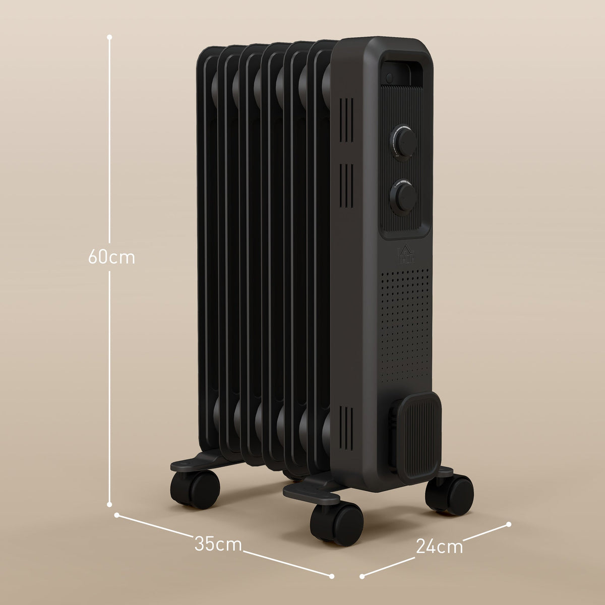 Grey oil-filled radiator heater with 7 fins and front knobs, standing upright on wheels