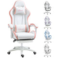 White and pink gaming chair with PU leather, padded armrests, swivel base, footrest