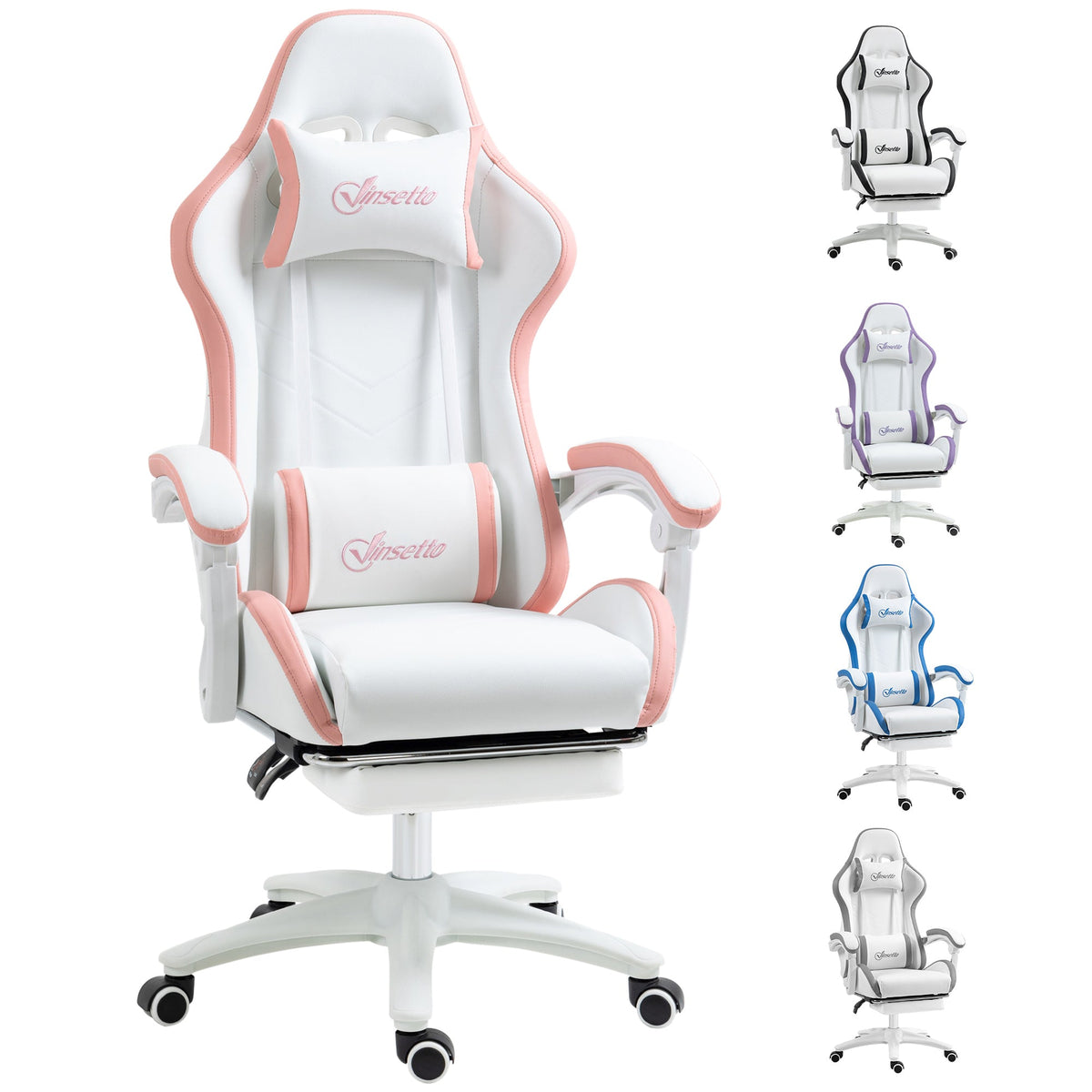 White and pink gaming chair with PU leather, padded armrests, swivel base, footrest