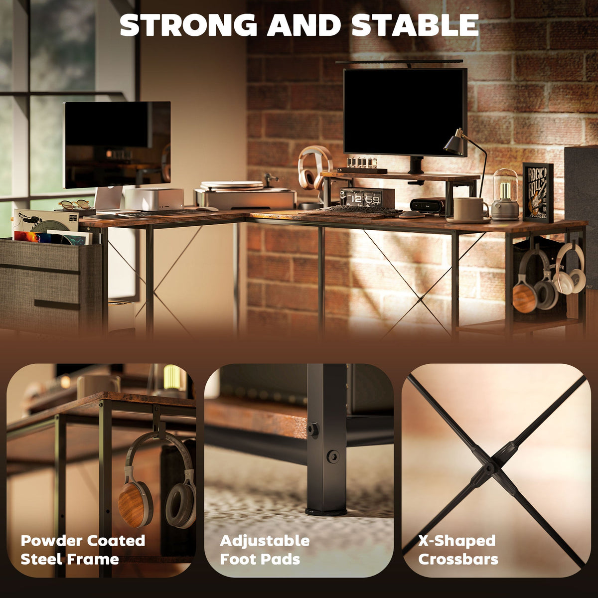 Industrial reversible L-shaped desk with powder-coated steel frame, foot pads, and X-crossbars