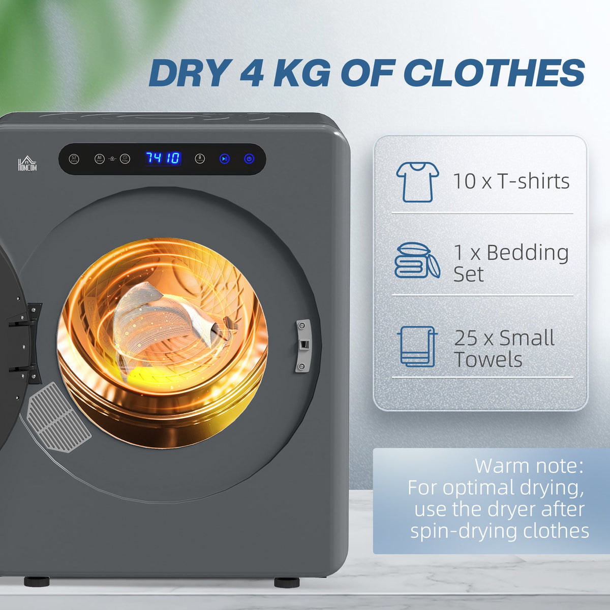 Grey tumble dryer showing front drum window and load capacity graphic