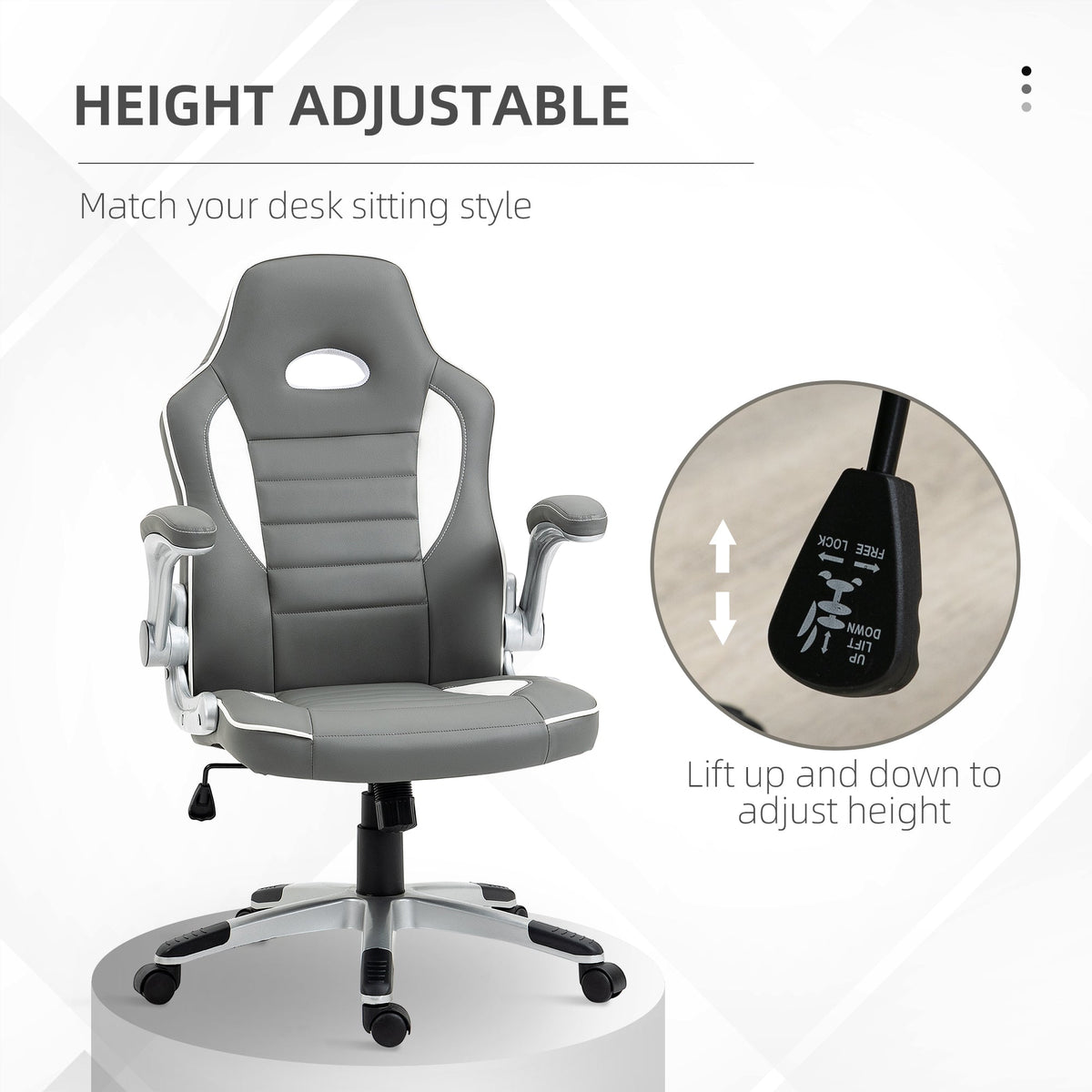 Grey PU leather gaming office chair with padded seat, back, swivel base and caster wheels