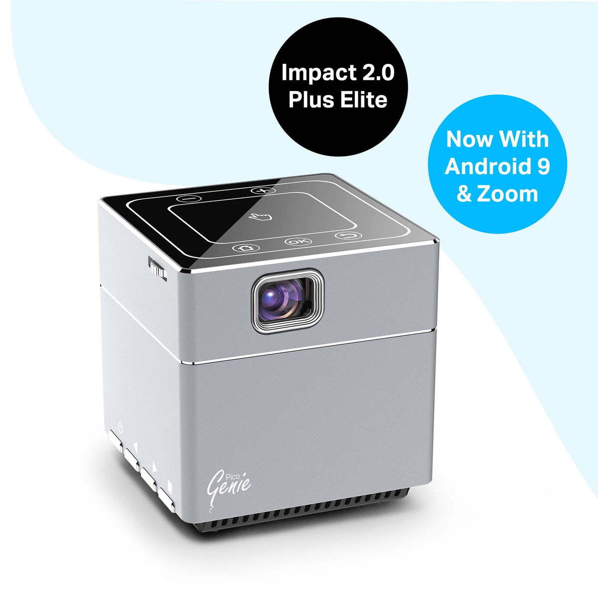 Gray ultra-portable smart LED projector with front lens and top touch control icons