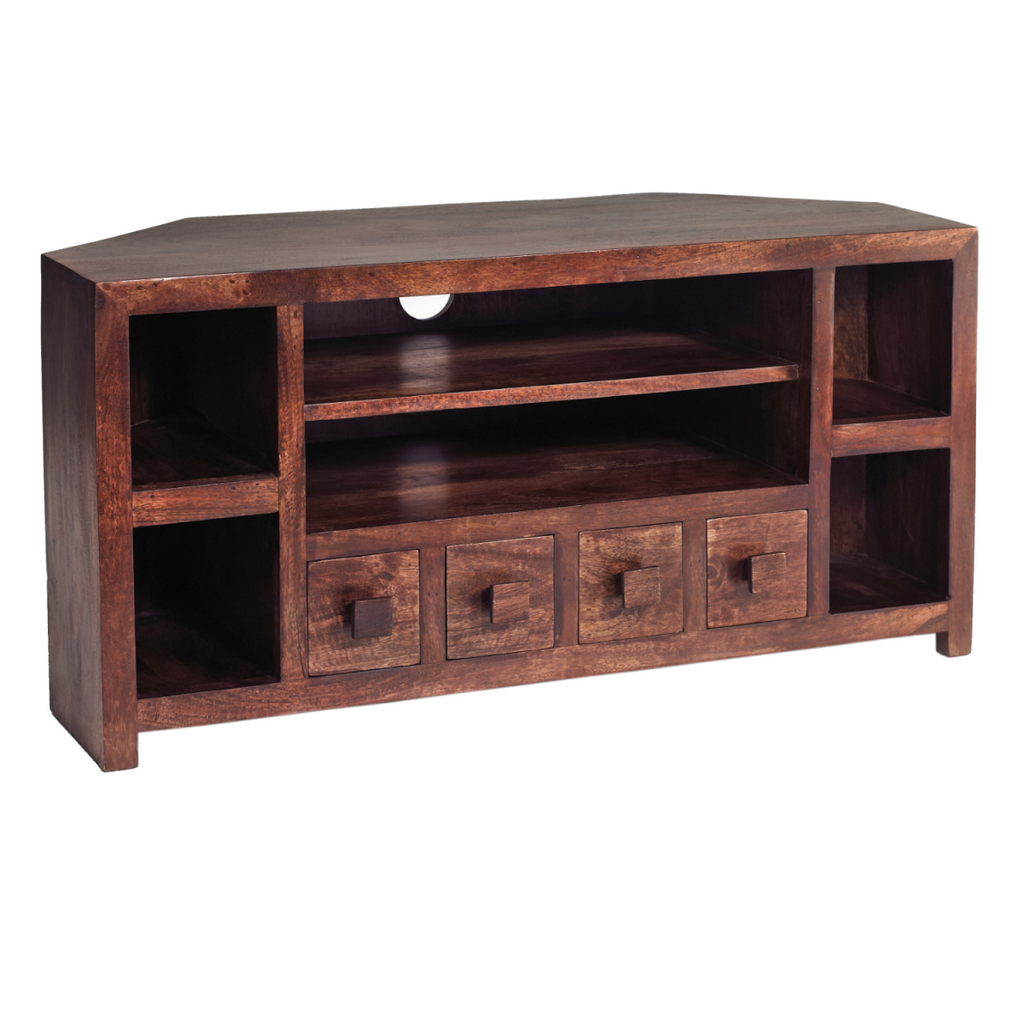 Dark wood corner TV unit with open center shelf, two side cubbies, and four drawer doors