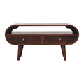 Walnut TV stand with two drawers and curved open shelf, dark interior