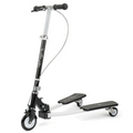 White kick scooter with black frame, front wheel, and two foot decks