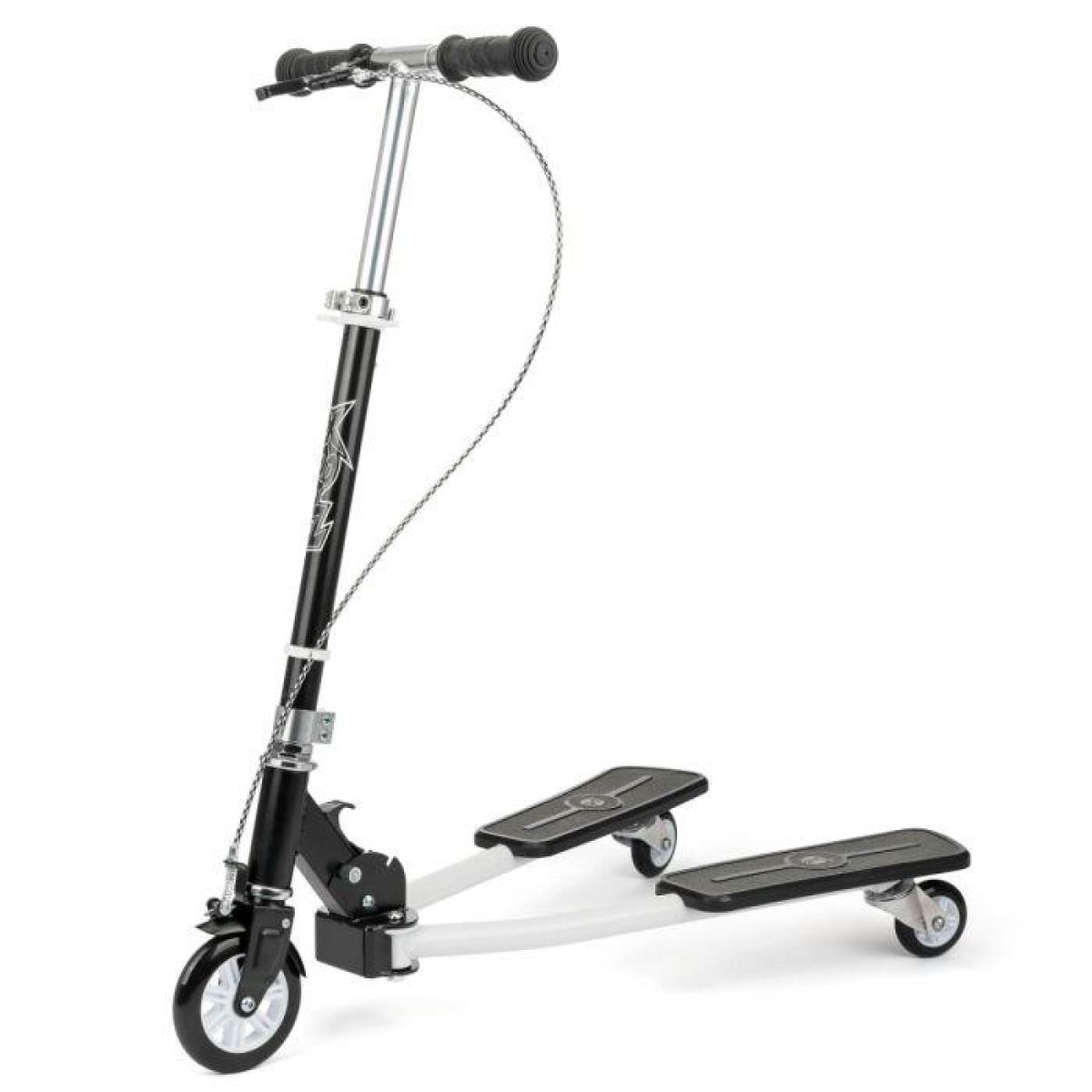 White kick scooter with black frame, front wheel, and two foot decks