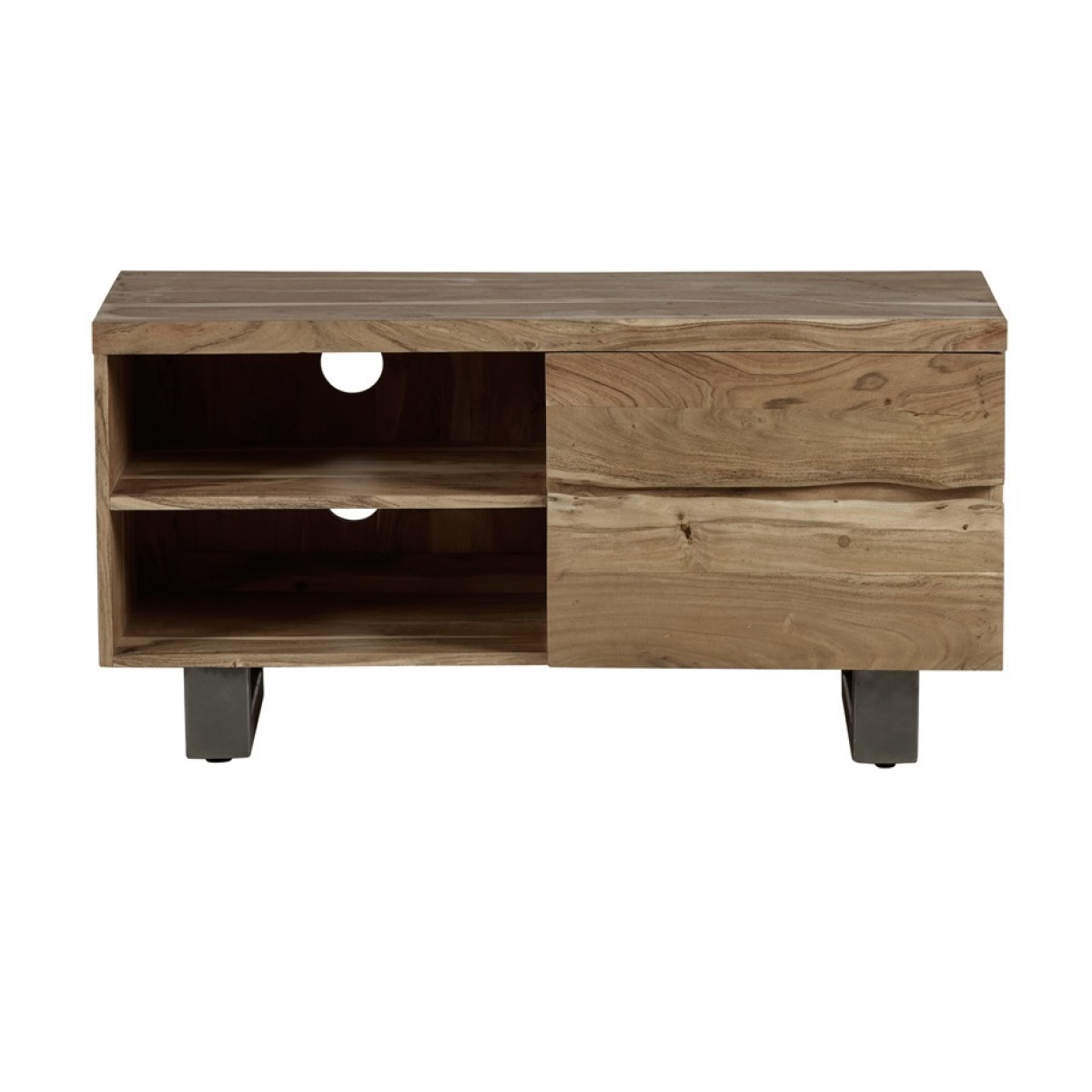 Small TV cabinet in light reclaimed wood with open shelf and drawer front