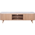 Large TV cabinet with light gray veined marble top, fluted wood base, open shelves