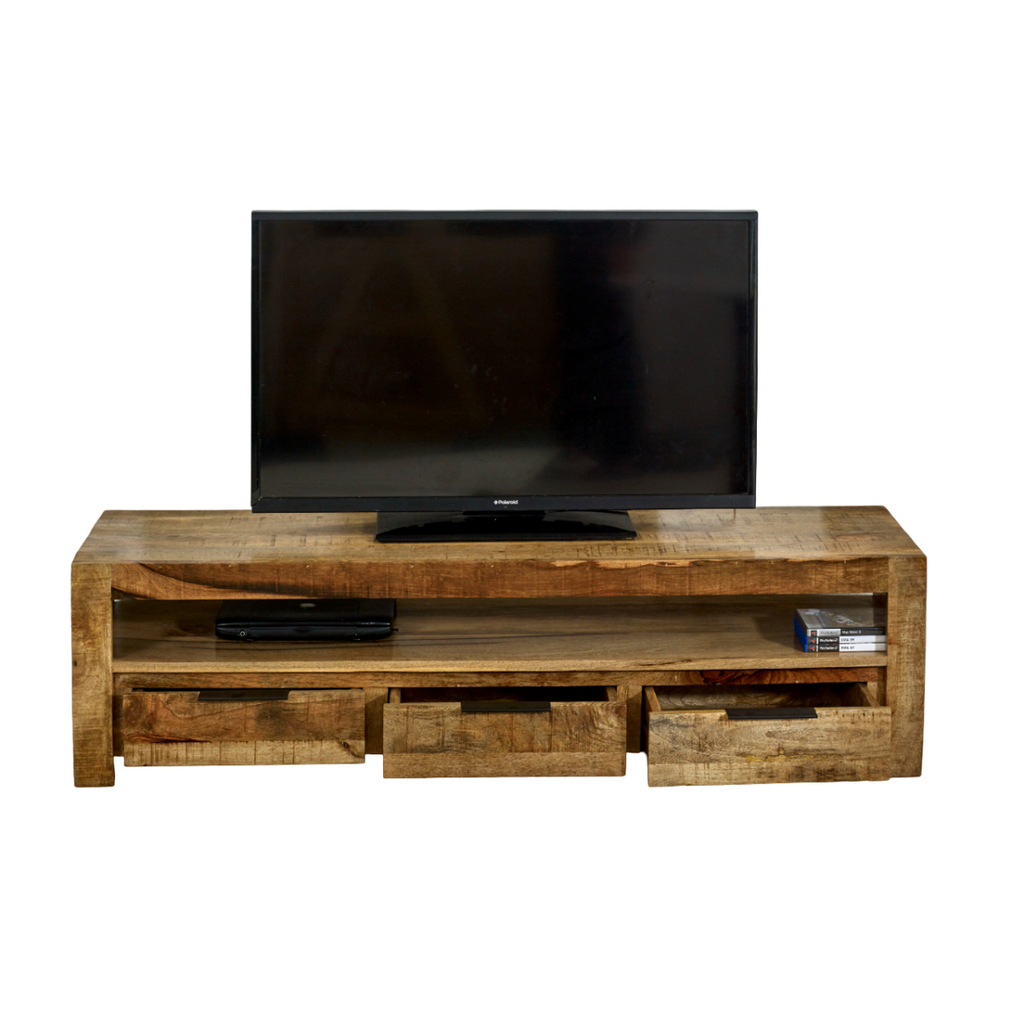 Solid wood TV media console with central shelf and three drawers, TV and remote visible.