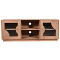 Solid wood TV cabinet with open shelves and two glass-panel doors, center storage space