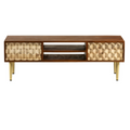 Large TV media stand with two open shelves, two patterned drawer fronts, and gold legs