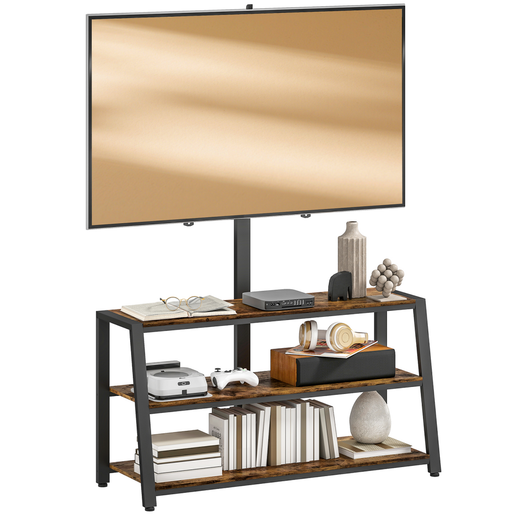 TV stand cabinet with swivel mount, open shelves, and rustic wood top on black frame