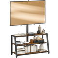 TV stand cabinet with swivel mount, open shelves, and rustic wood top on black frame