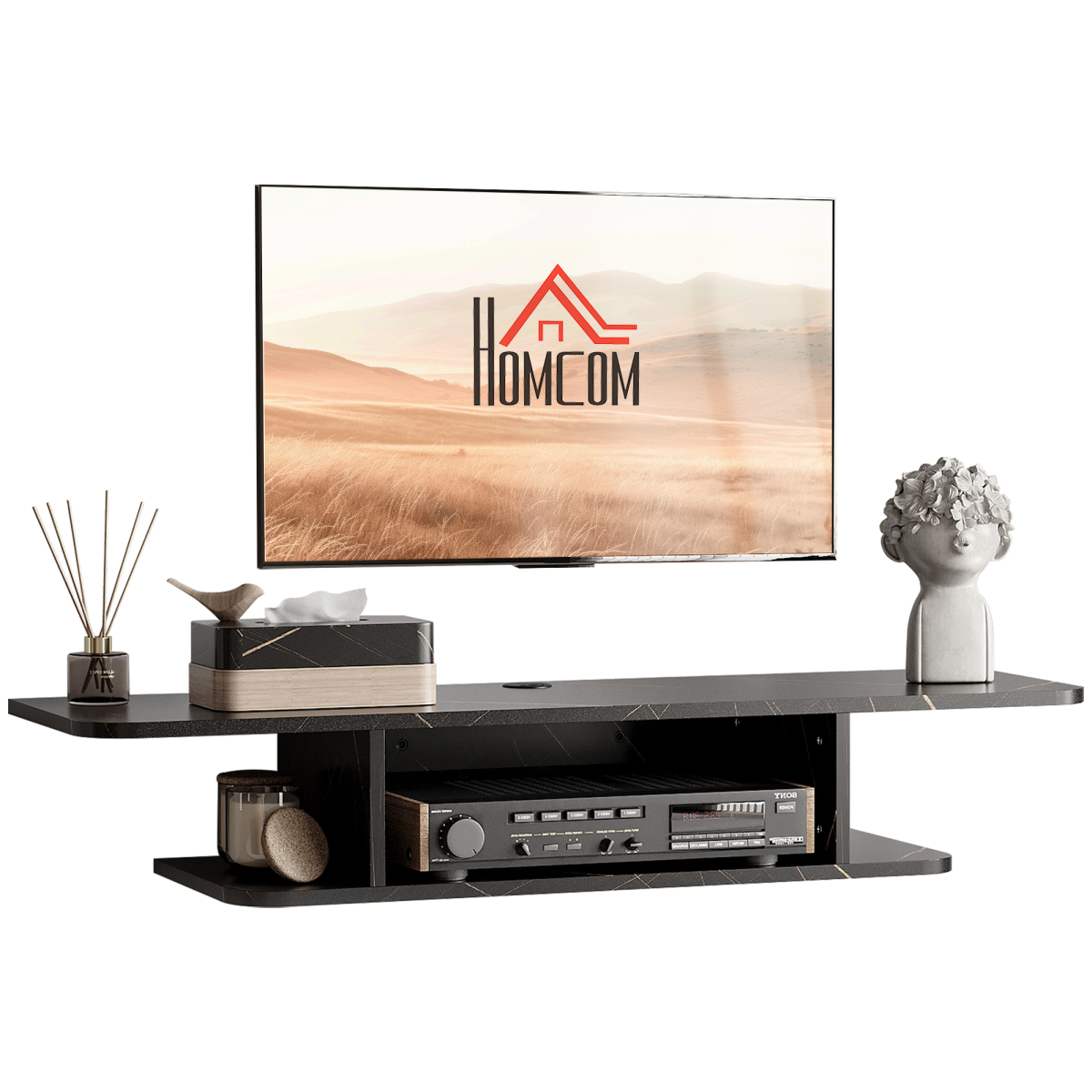 Black wall-mounted TV stand with glossy top and two open shelves for media devices