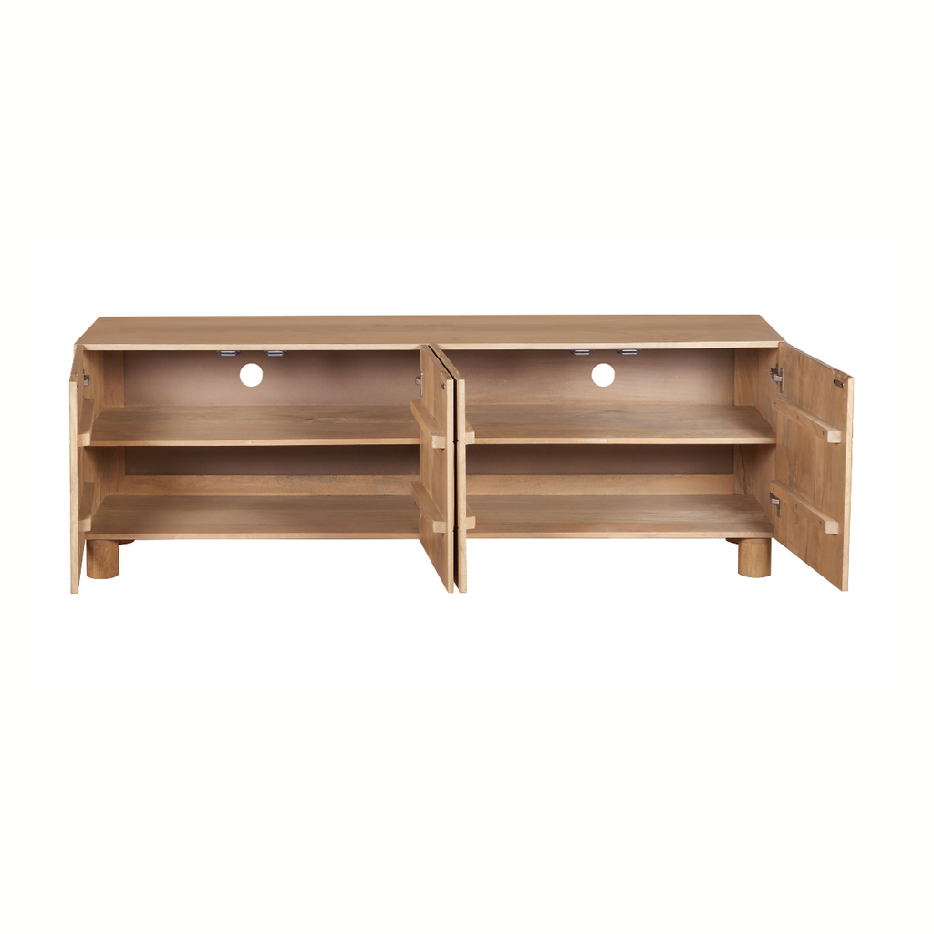 Light wood TV cabinet with open center door and two interior shelves
