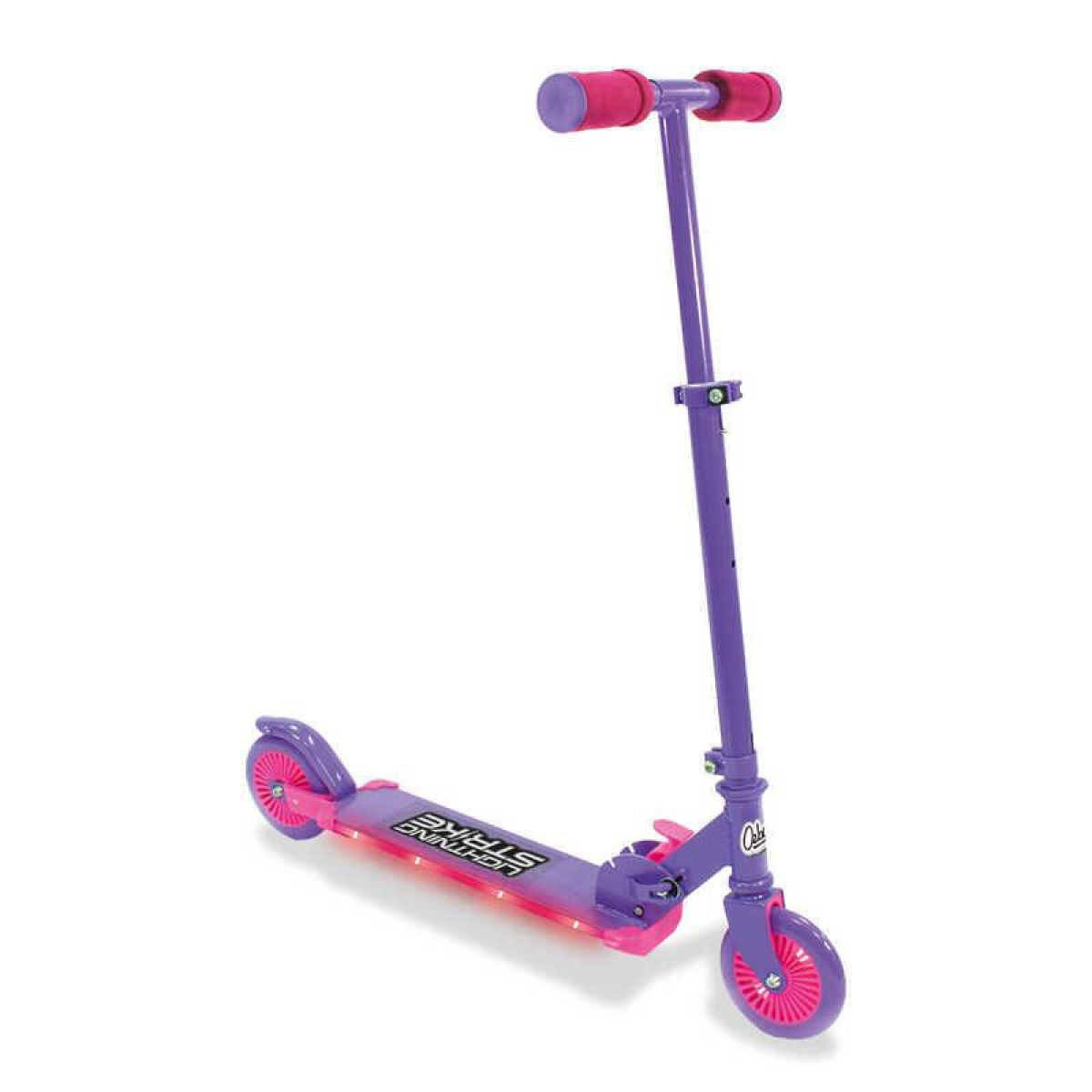 Kids 2-wheel folding scooter with purple frame and pink handlebars and deck light