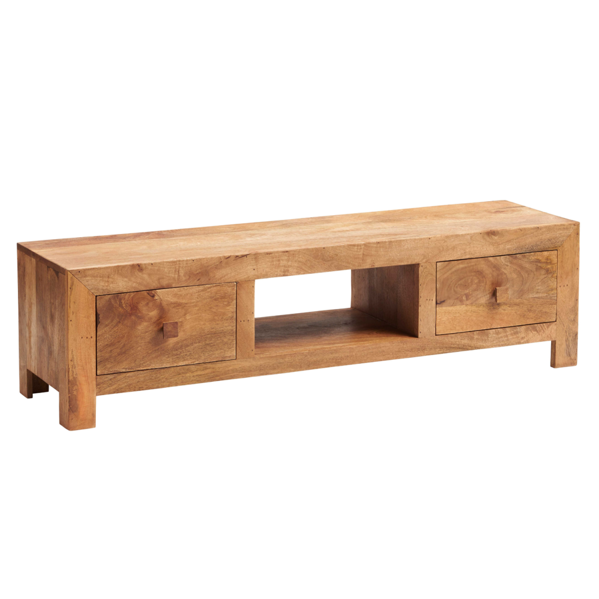 Light mango wood wide TV cabinet with two drawers and central open shelf