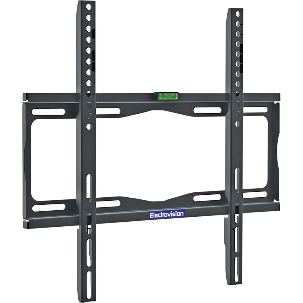 TV mounting bracket frame in dark gray with adjustable wall rails and bubble level
