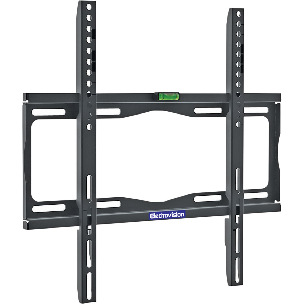 TV mounting bracket frame in dark gray with adjustable wall rails and bubble level