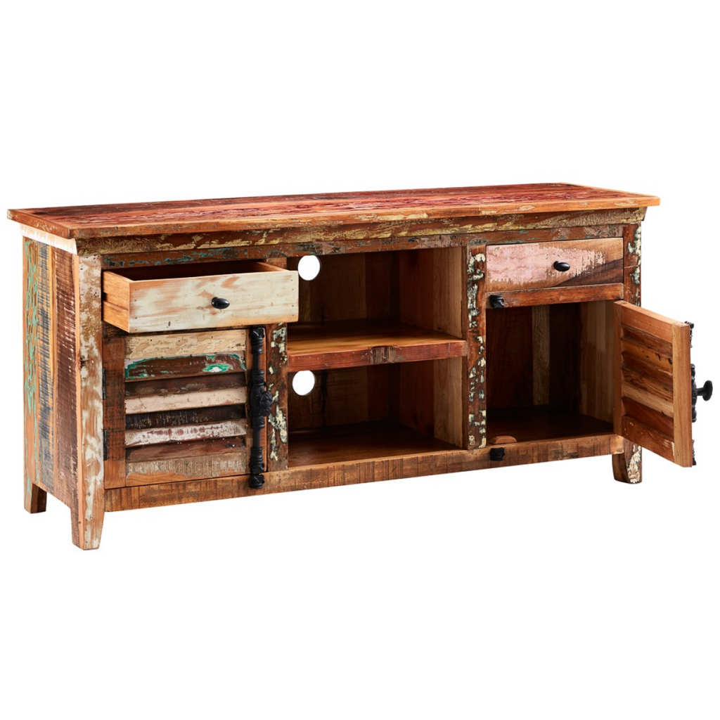 Distressed reclaimed-wood TV credenza with two drawers, open shelves, and side door