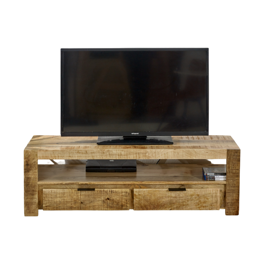 Solid wood TV stand with 2 drawers and open center shelf, front view