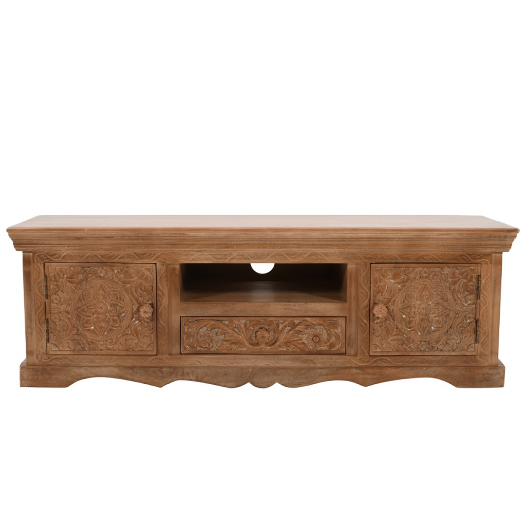 Mango wood TV cabinet with carved side doors and central open bay with cable hole.