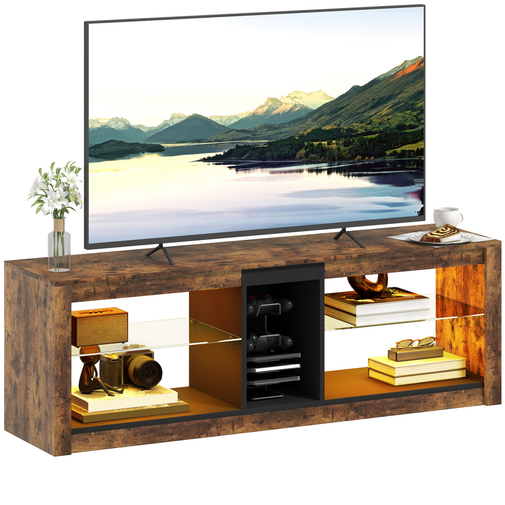 Rustic brown TV stand with open shelving and central media compartment