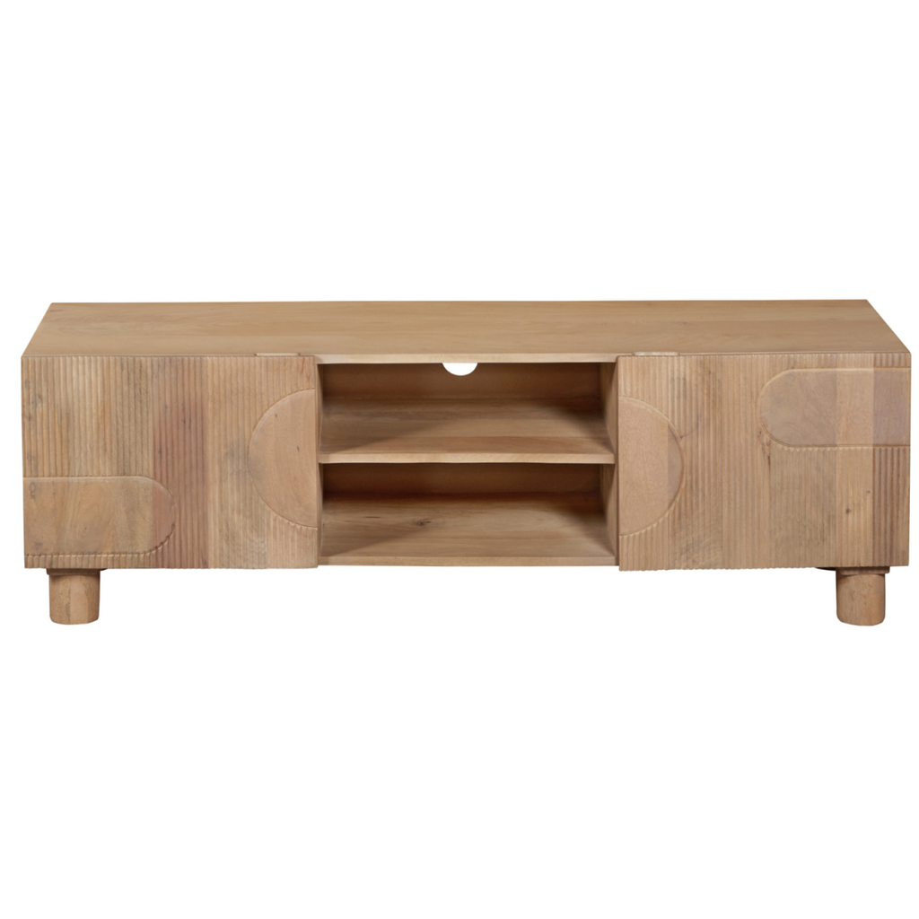 Light wood TV cabinet with central open shelf storage and two side doors, tapered legs