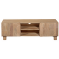 Light wood TV cabinet with central open shelf storage and two side doors, tapered legs