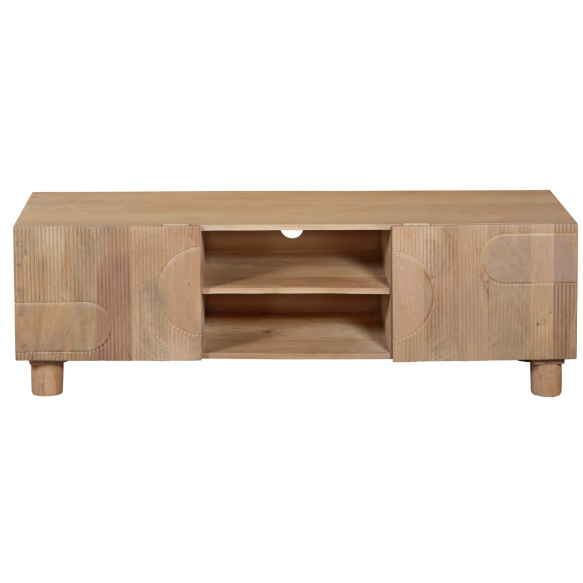 Light wood TV cabinet with central open shelf storage and two side doors, tapered legs