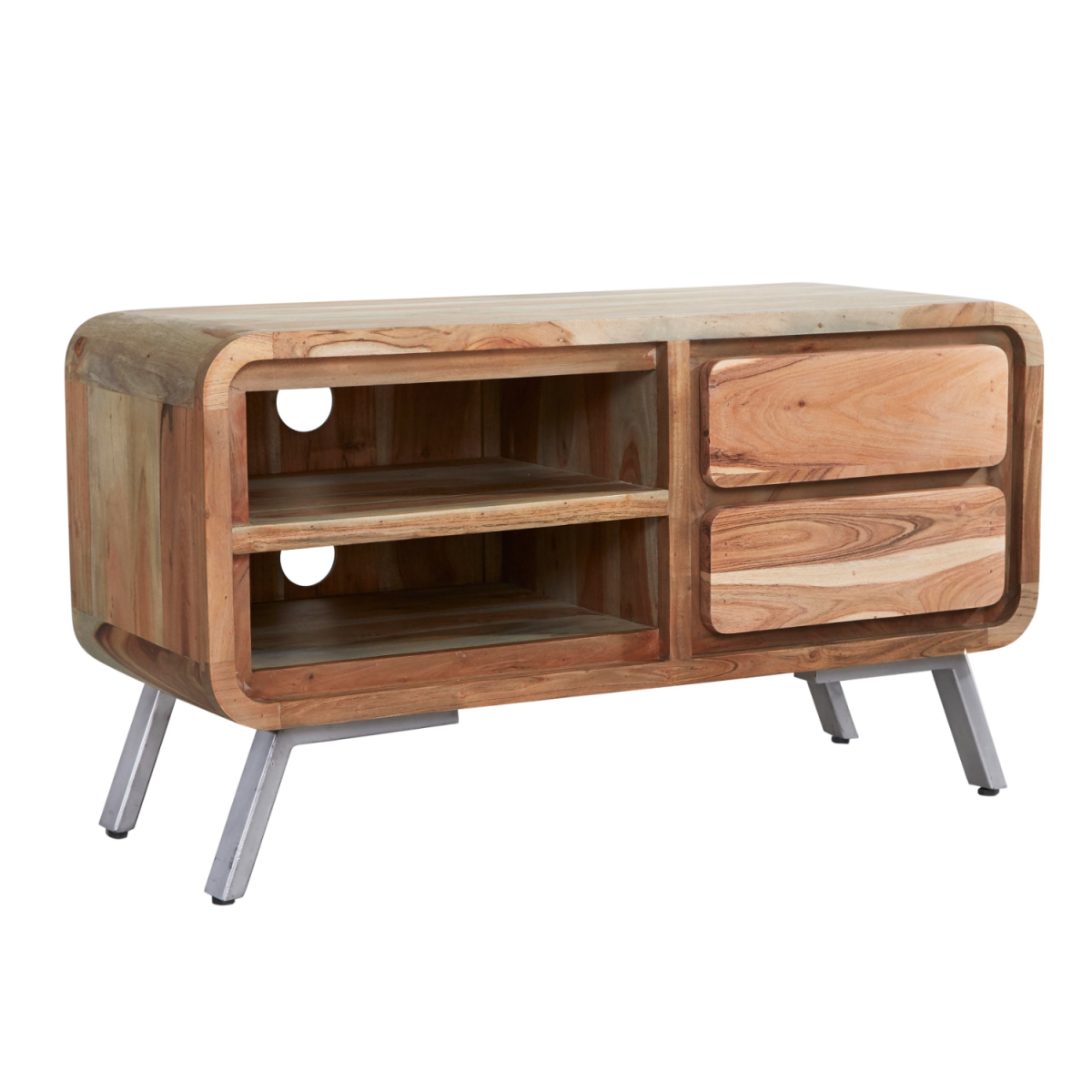Reclaimed wood TV cabinet with two open shelves, two drawer doors, and metal legs