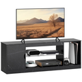 Black marble-effect TV stand cabinet with open shelves and glass shelf.