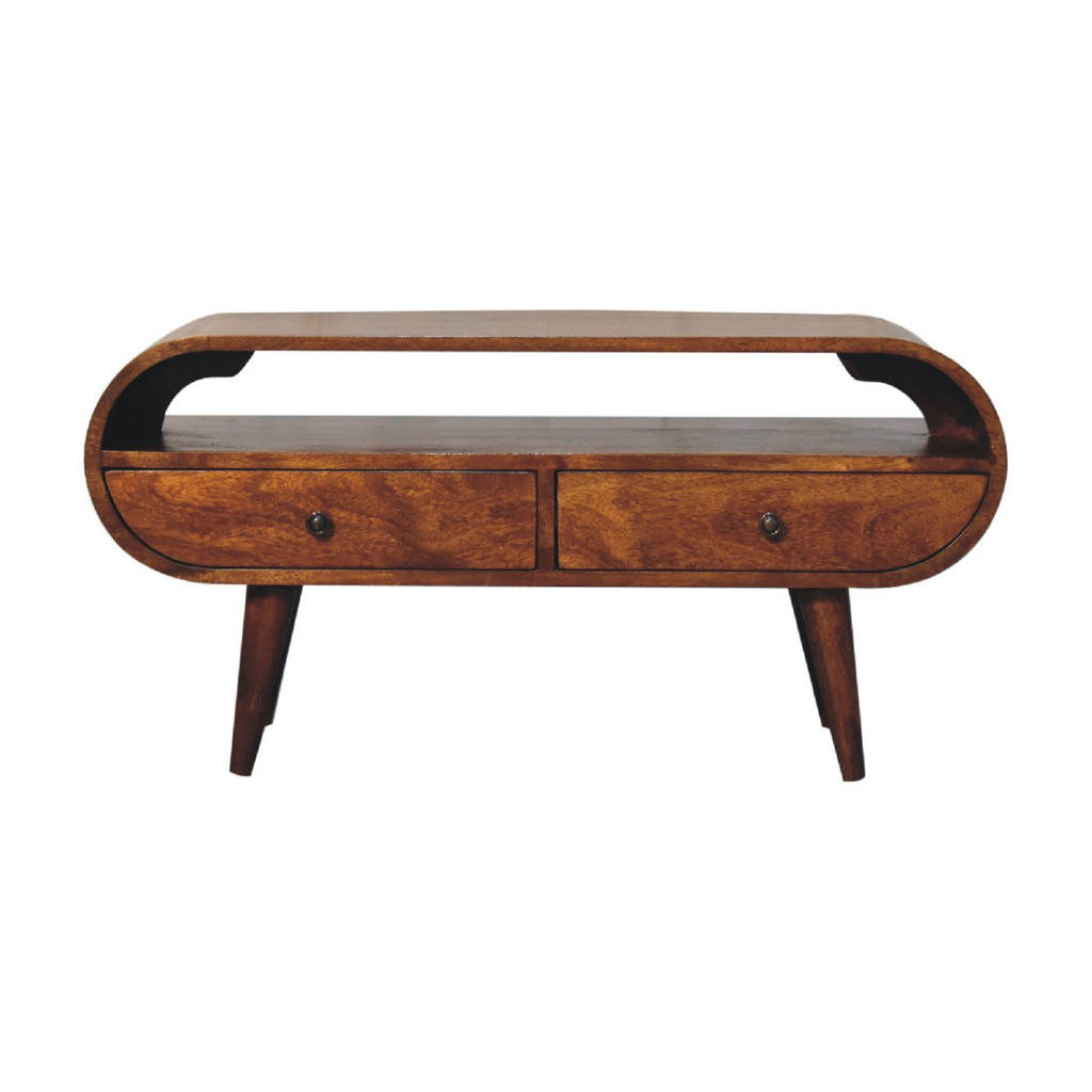 Chestnut solid wood round TV stand with two drawers and open shelf behind