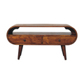 Chestnut solid wood round TV stand with two drawers and open shelf behind