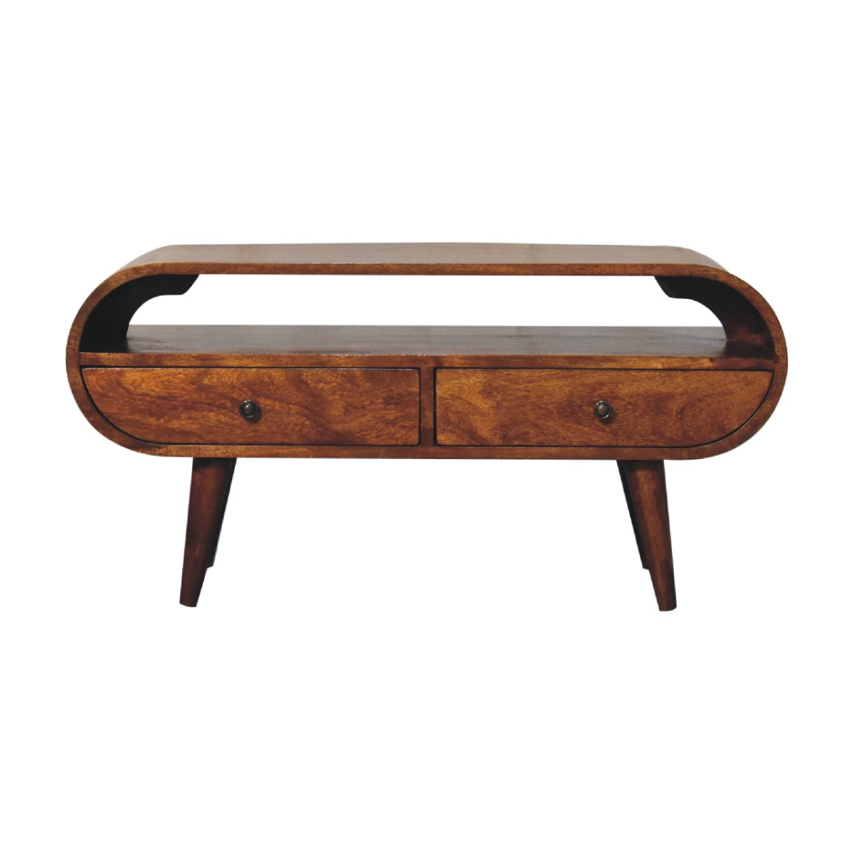 Chestnut solid wood round TV stand with two drawers and open shelf behind