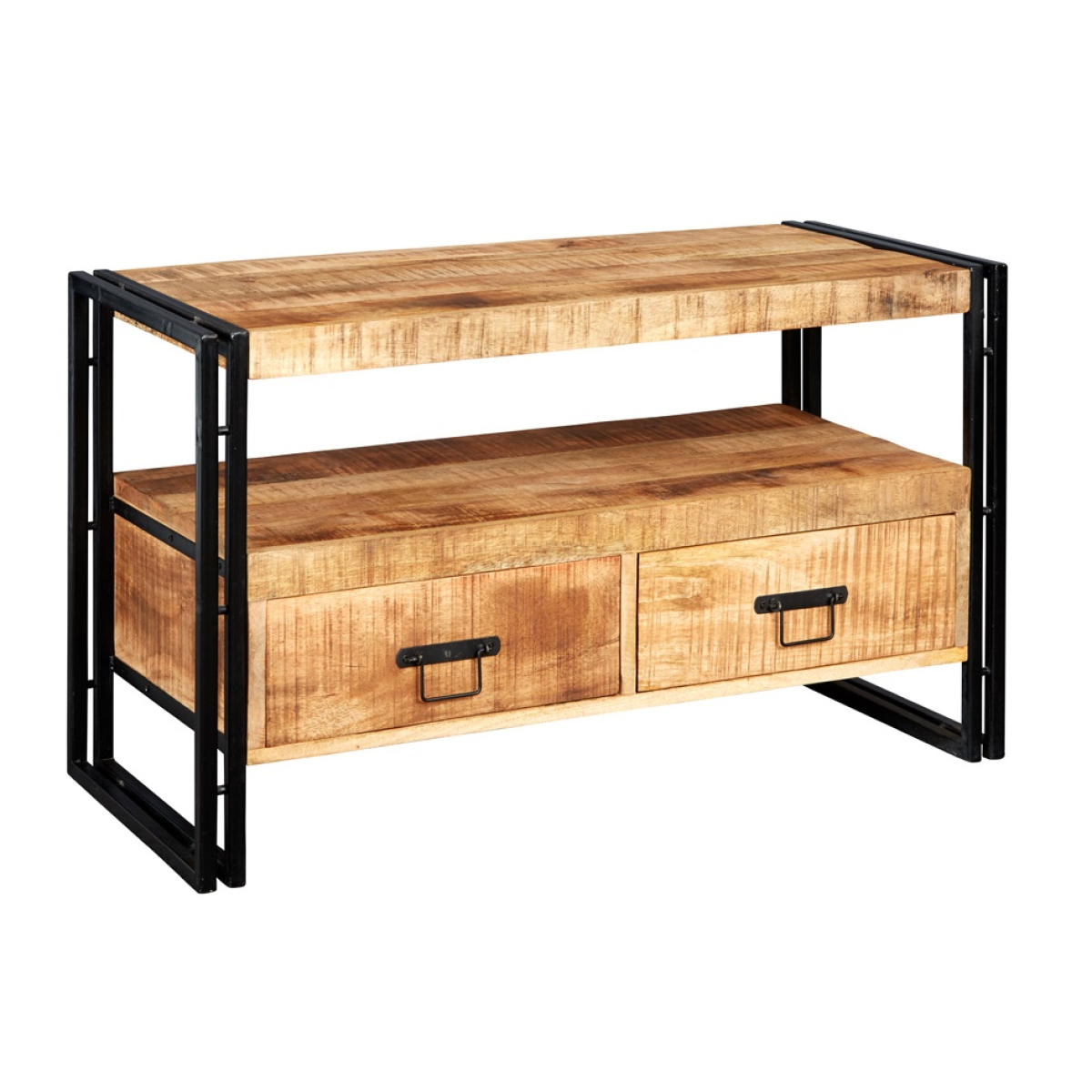 Industrial TV stand with wood tabletop, two drawer doors, and black metal side frame