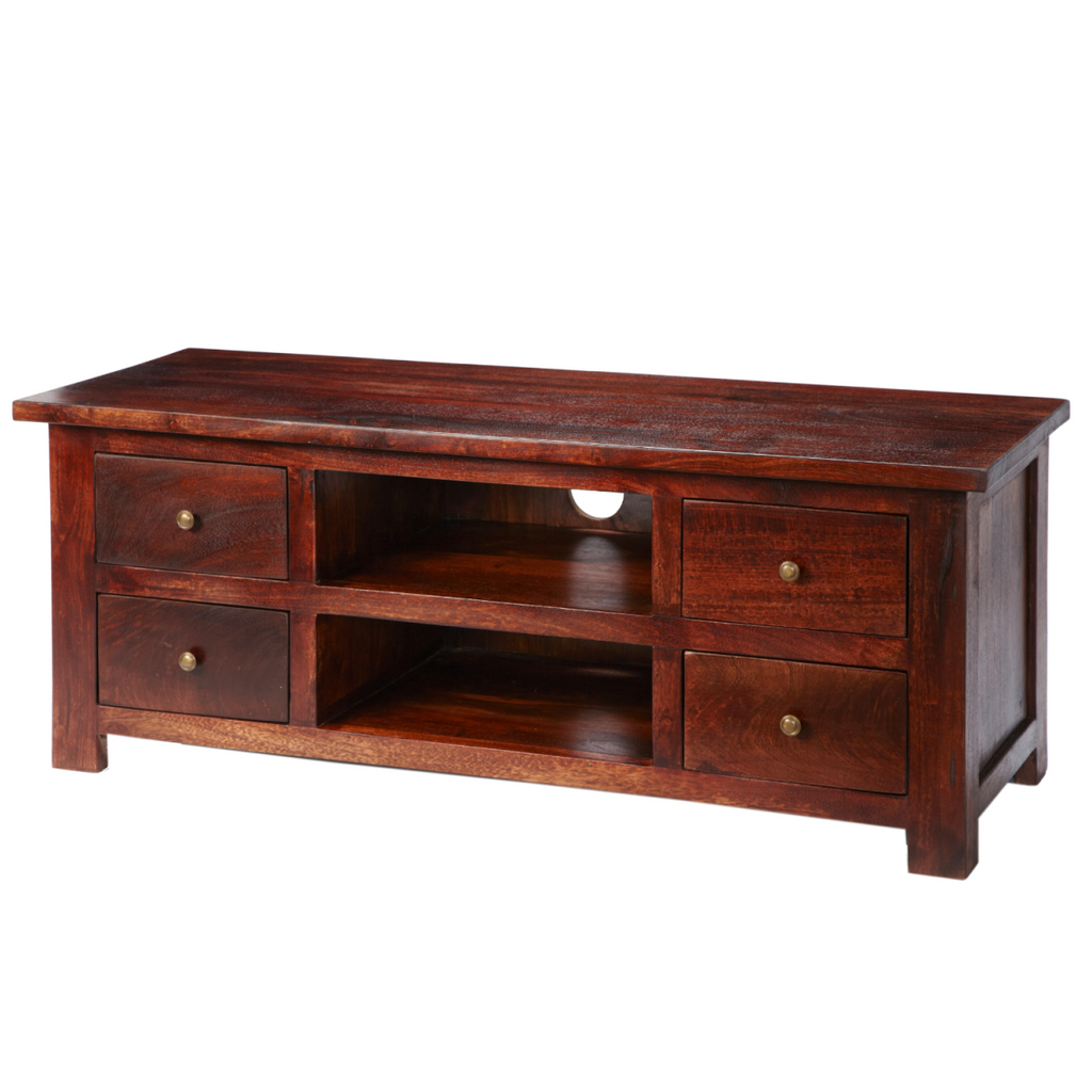 Dark mango TV cabinet with open shelves and four drawers, warm wood finish.